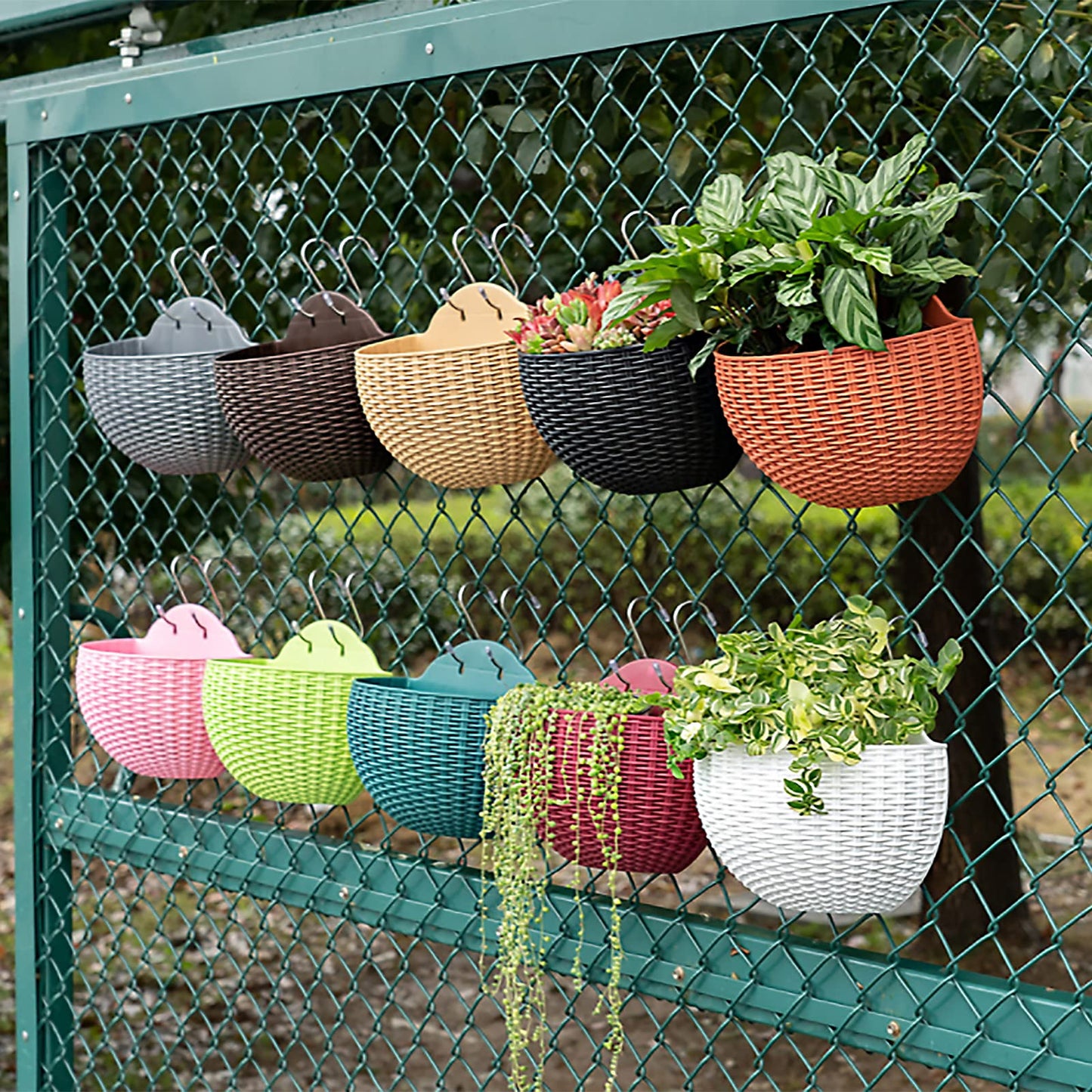 Hanging Planter Pot, Wall and Railing Hanging Planters with S Hooks, Half Round Imitation Rattan European Style Wall Flowerpot Rustic Decorative Flower Basket for Home Balcony(#21*16.5cm Dark green)