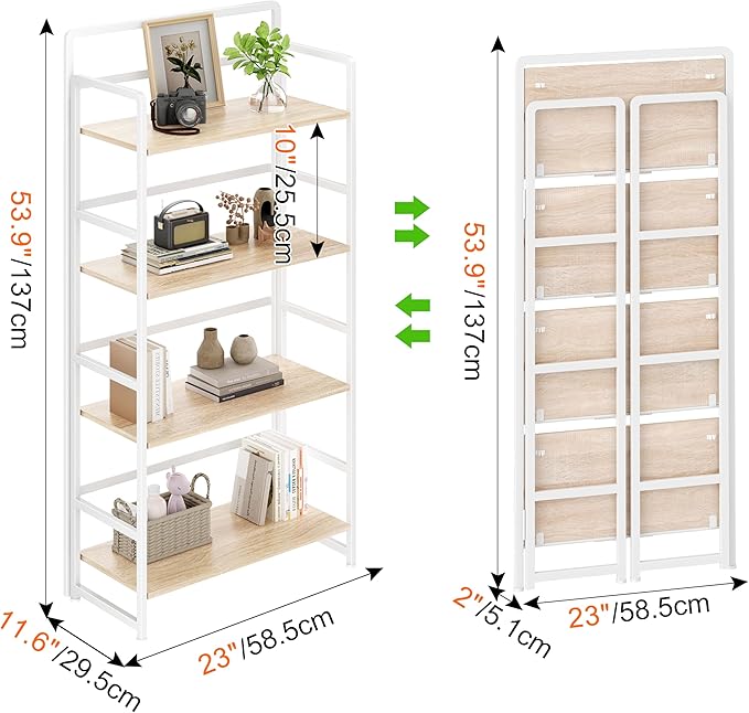 No Assembly Folding Bookshelf, 4 Tiers Collapsible Book Shelf