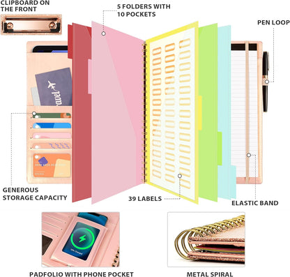 Clipboard with Storage for Men Women, Leather Padfolio Portfolio Organizer 5 Folders with 10 Pockets, Spiral Clipboard Folio with Notepad for Letter Size, Elastic Closure and Pen Loop Rose Gold