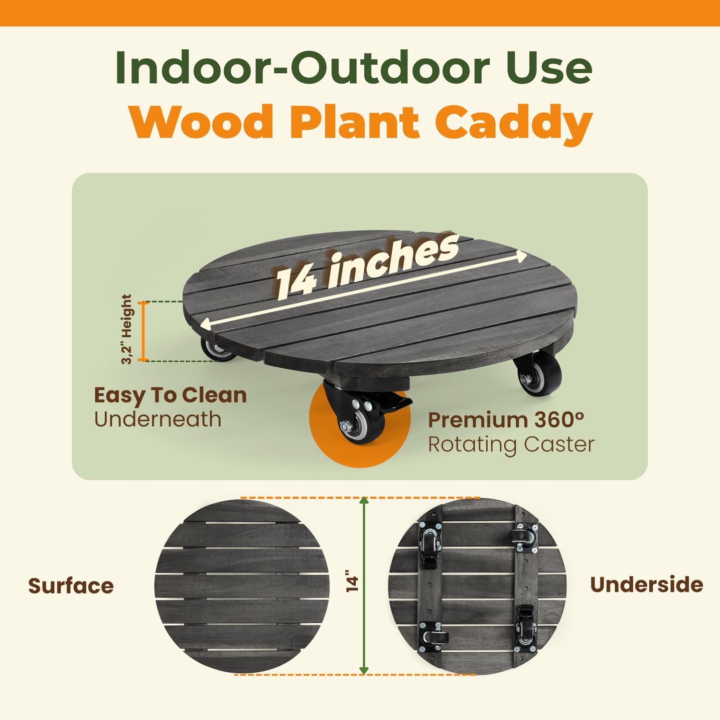 Jurax 14 Inch Wood Plant Caddy with Wheels – Heavy Duty Plant Dolly Holds Up to 286 lbs, 360° Lockable Casters, Rolling Plant Stand Indoor Outdoor for Large Pots – 2 Packs, Round-Rustic