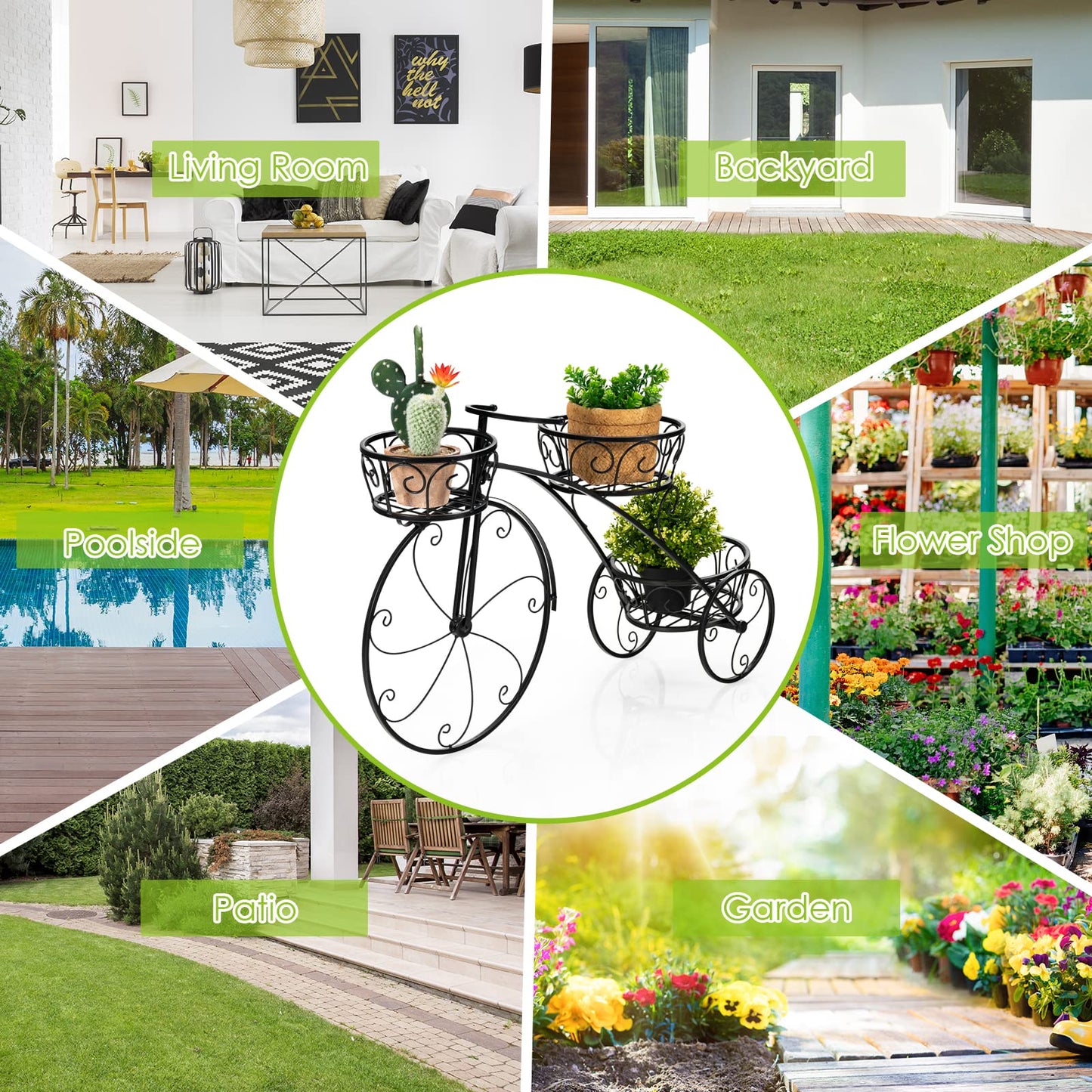 OFFICEJOY Bicycle Planter, Flower Pot Stand with 3 Decorative Wheels, 3 Collection Baskets, Metal Steel Frame, Tricycle Plant Stand for Outdoor, Indoor, Home, Balcony, Patio, Garden, Backyard