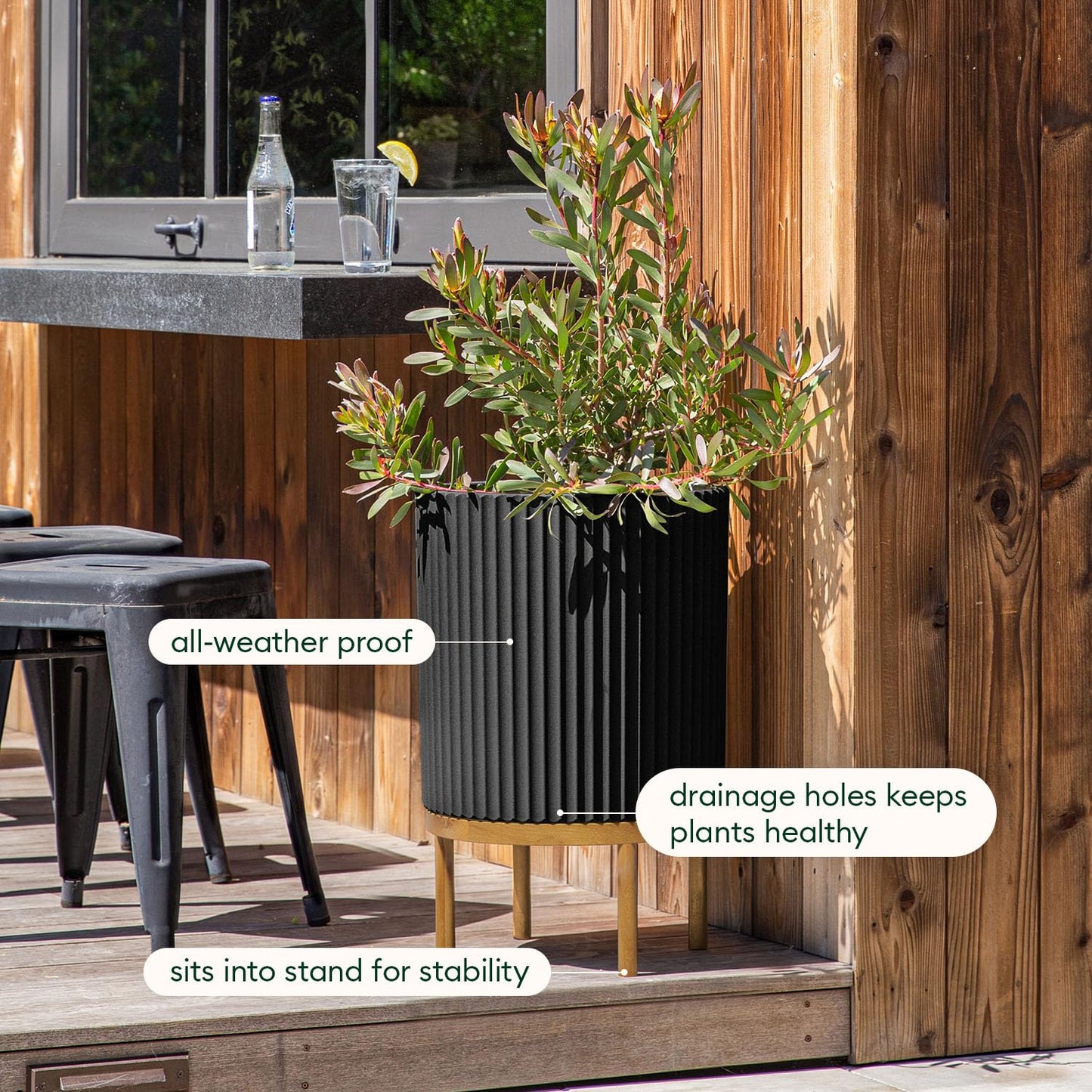 Veradek Demi Series Round Planter w/Stand for Porch/Patio | Durable Plastic-Stone Composite & Wooden Stand | Modern Décor for Tall Plants, Flowers
