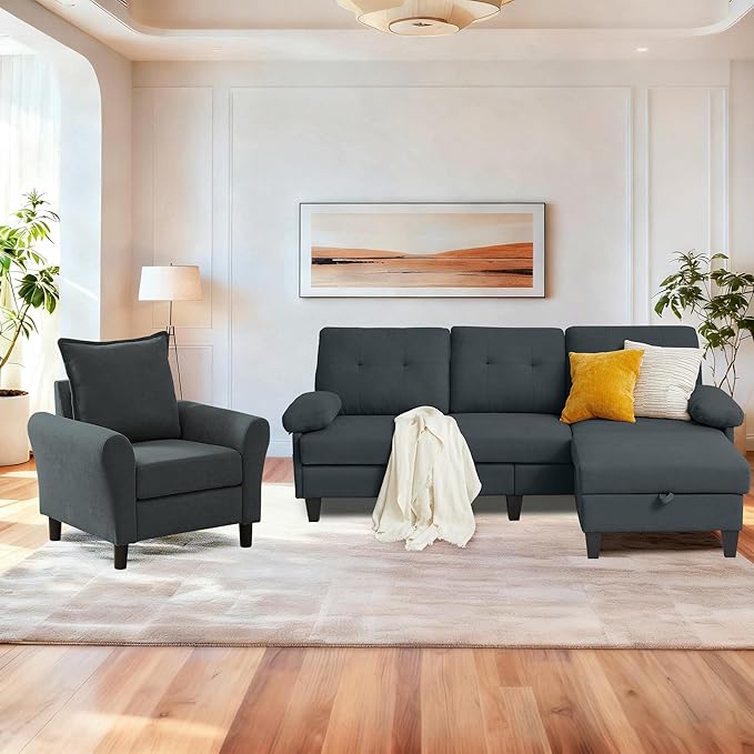 2PCS Sectional Sofa Set with Ottoman, Modern Linen 4 Seater Couch Set with Side