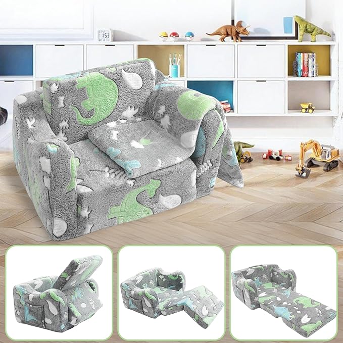 2-in-1 Soft Plush Toddler Couch & Chair – Fold Out Convertible Sofa to Lounger