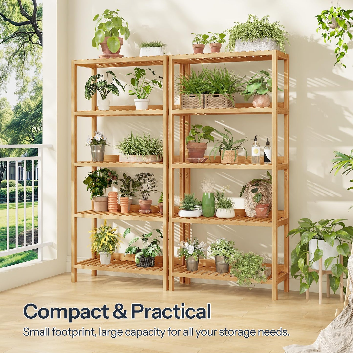 HOOBRO Bamboo Storage Shelf, 5-Tier Freestanding Shelving Unit, Multifunctional Storage Rack with Back Panel, 23.6 x 10.2 x 51.2 inches, for Bathroom, Living Room, Balcony, Kitchen, Natural YL96CJ01