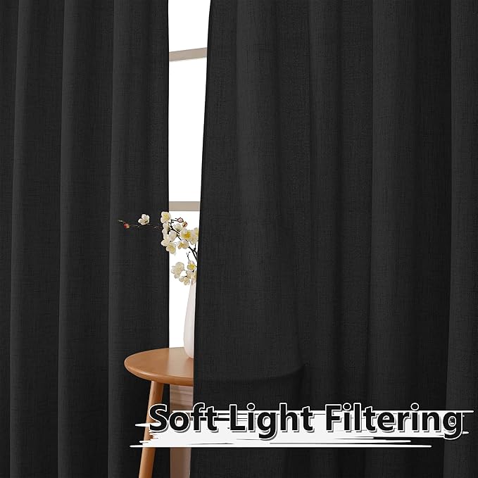 Tollpiz Short Linen Curtains Living Room Rod Pocket Semi Sheer Curtain Burlap Light Filtering Thick Linen Drapes for Bedroom, 54 x 54 inches Long, Black, Set of 2 Panels