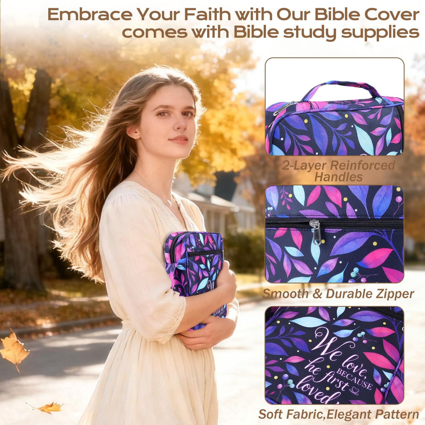 XKDOUS Bible Cover Carrying Book Case with Handle & Zippered Pocket, Large Bible Bags Study Supplies Accessories Organizer Bible Case Christian Gifts for Mother Women Men