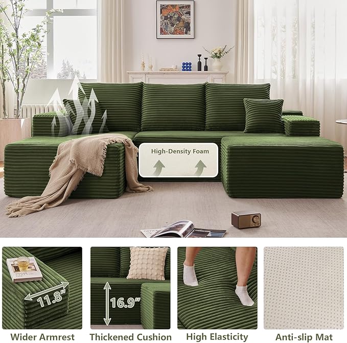 107" Comfy U-Shaped Sectional Modern Boneless Corduroy Couch