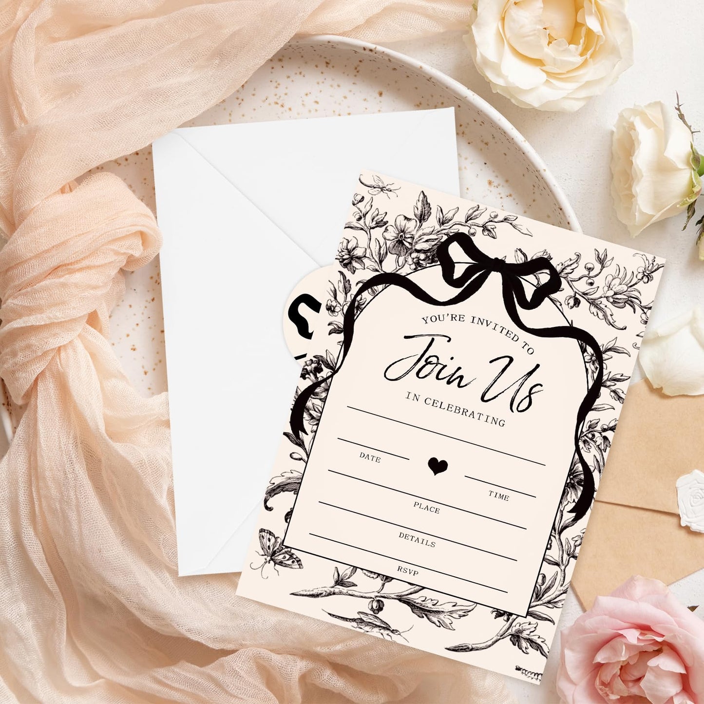 Whaline 25 Pack Black Bow Floral Invitations with Envelopes Stickers Vintage Bowknot Flower Invitation Cards Blank Invites for Coquette Celebration Party Supplies, 5 x 7 Inch