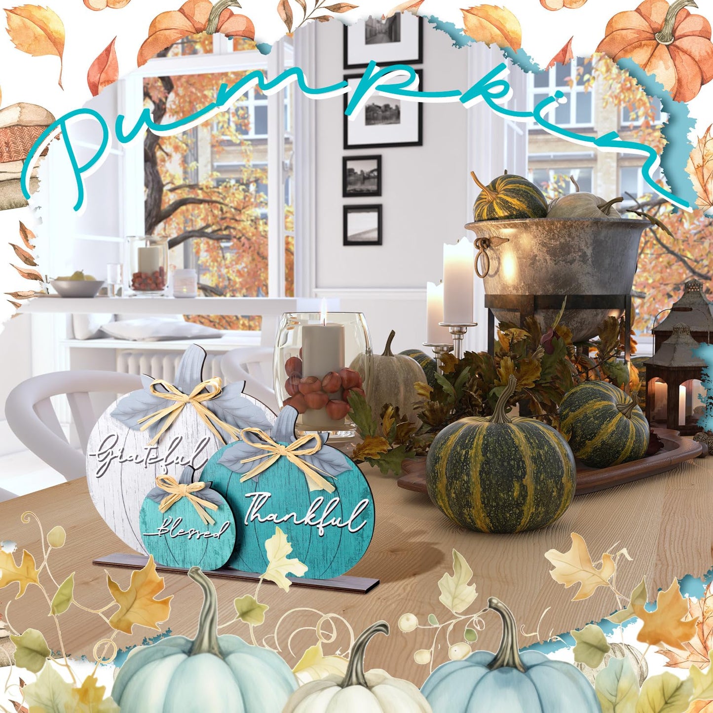 Soaoo Fall Pumpkin Table Decorations Fall Wooden Thankful Blessed Centerpiece Autumn Grateful Tabletop Decor Farmhouse Thanksgiving Harvest Pumpkin Block Signs for Party Rustic Table Shelf Decor Home