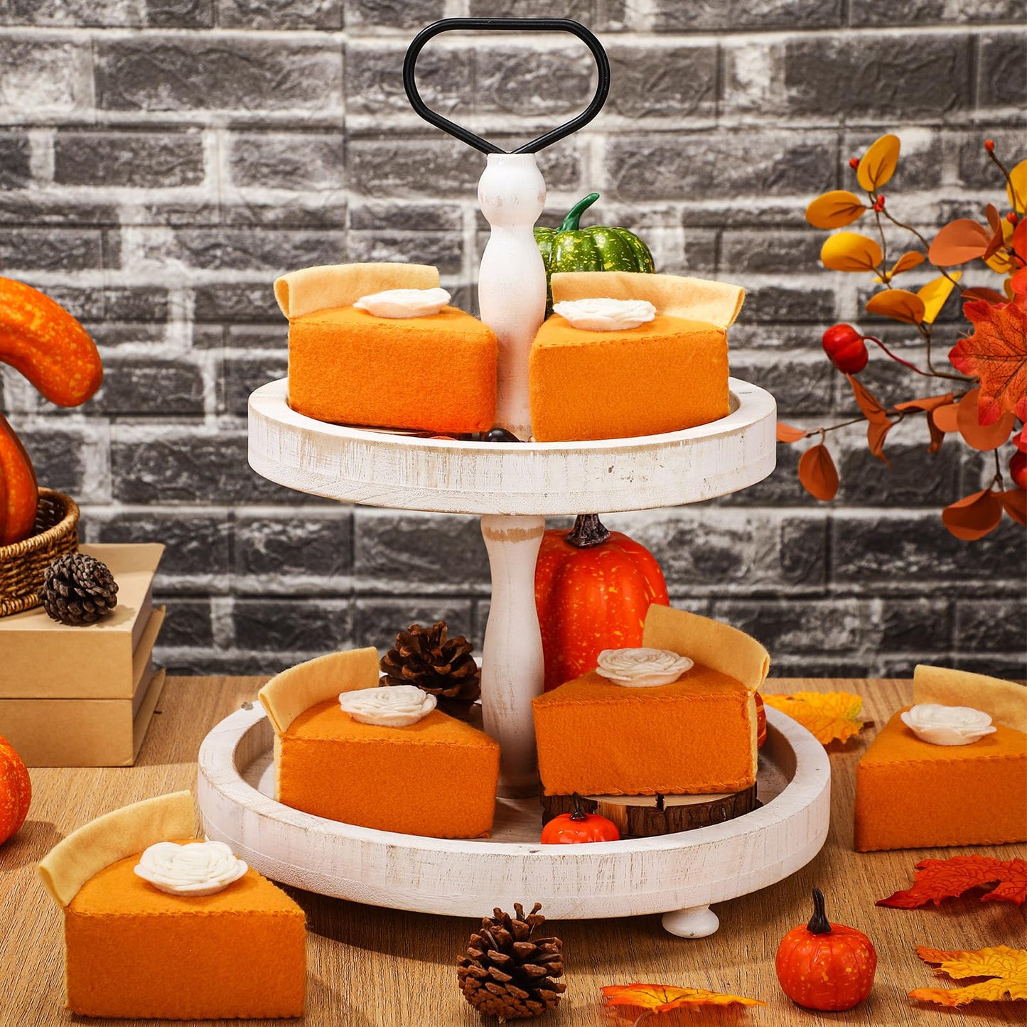 Hahafelt Fall Thanksgiving Felt Pumpkin Pie Decorations Faux Pumpkin Pie Slice Fall Tabletop Decor Mantel Table Centerpieces for Home Autumn Table Display House Harvest Play Holiday Festive Gift
