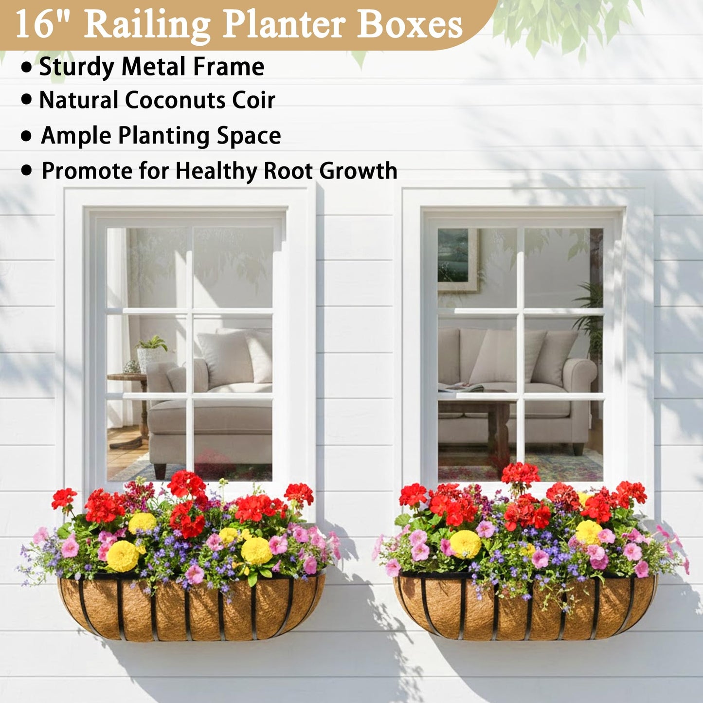 XXFBJNMD Window Box Railing Planter with Coco Liner 2 Pack 16 Inch Metal Hanging Flower Planter Deck Railing Planters Boxes for Balcony Outdoor Plants Fence Porch Patio