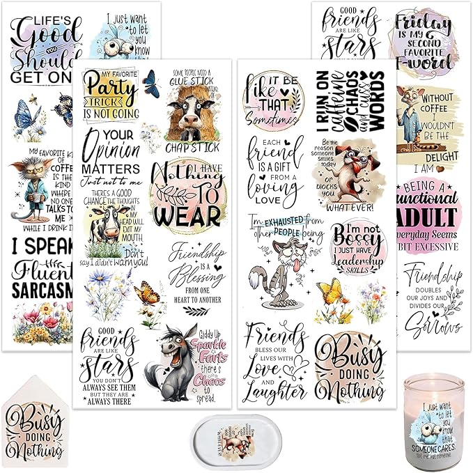 4 Sheets Rub on Transfers for Crafts, Animal Satirical Quotes Furniture