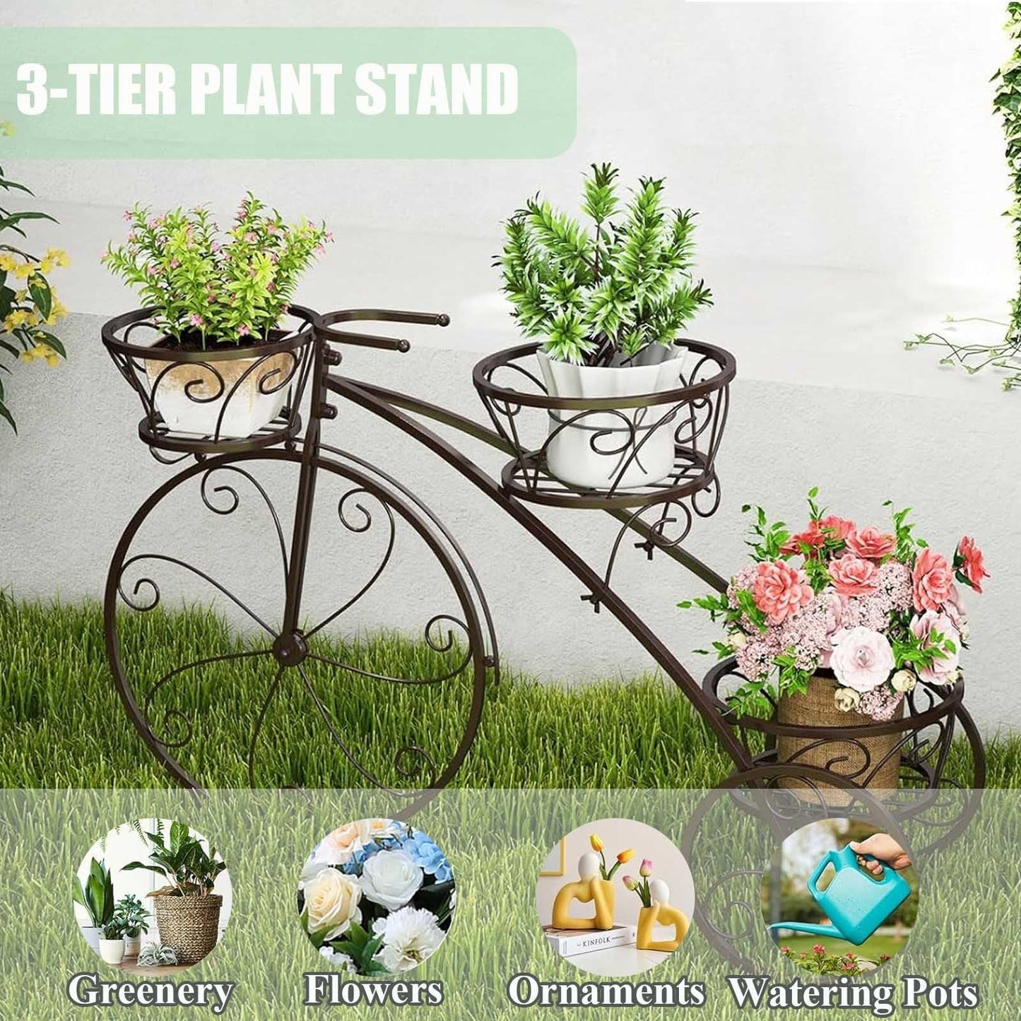 Metal Bicycle Plant Stand,3-Tier Tricycle Planter with Hollowed Baskets,Flower Display Stand Cart with 3 Decorative Wheels,Tricycle Plant Stand for Outdoor Indoor Home Balcony Backyard(Bronze)