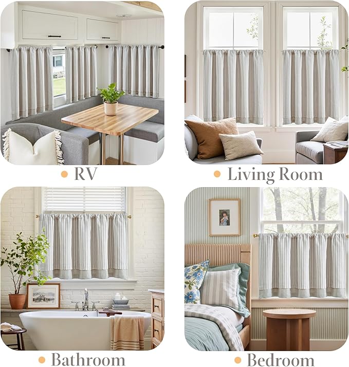 jinchan Double Layer Striped Linen Kitchen Tier Curtain Rustic Cafe for Living Room Bathroom Half Window Curtain Light Filtering Rod Pocket 1 Panel 24 Inch Taupe Grey