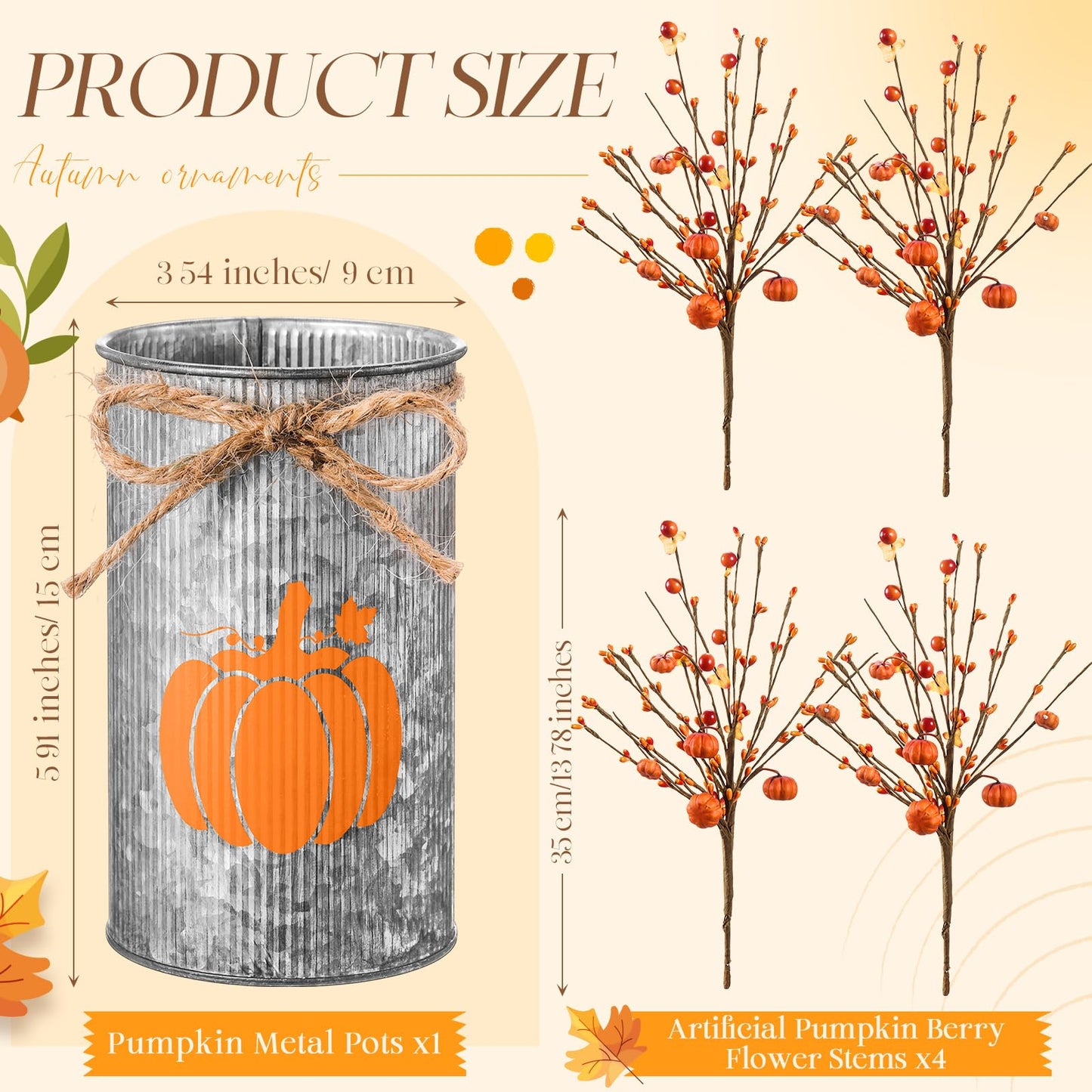 SiliFine Fall Thanksgiving Table Centerpiece Decoration Fall Artificial Flower Stems Pumpkin Shaped Berry Picks with Metal Vase Pot for Autumn Farmhouse Office Home Dining Table Decor
