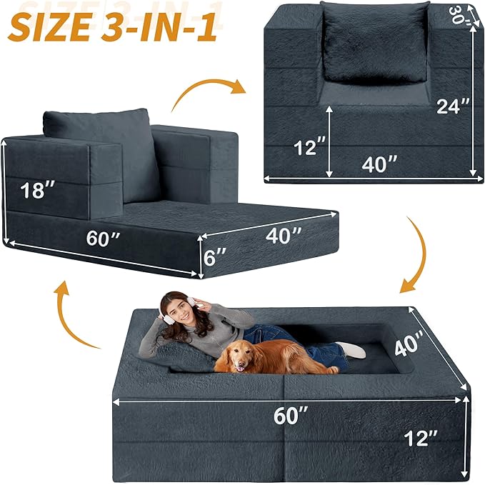 Futon Sofa Bed with Pillow, 3-in-1 Sleeper Sofa Bed with Removable Cover