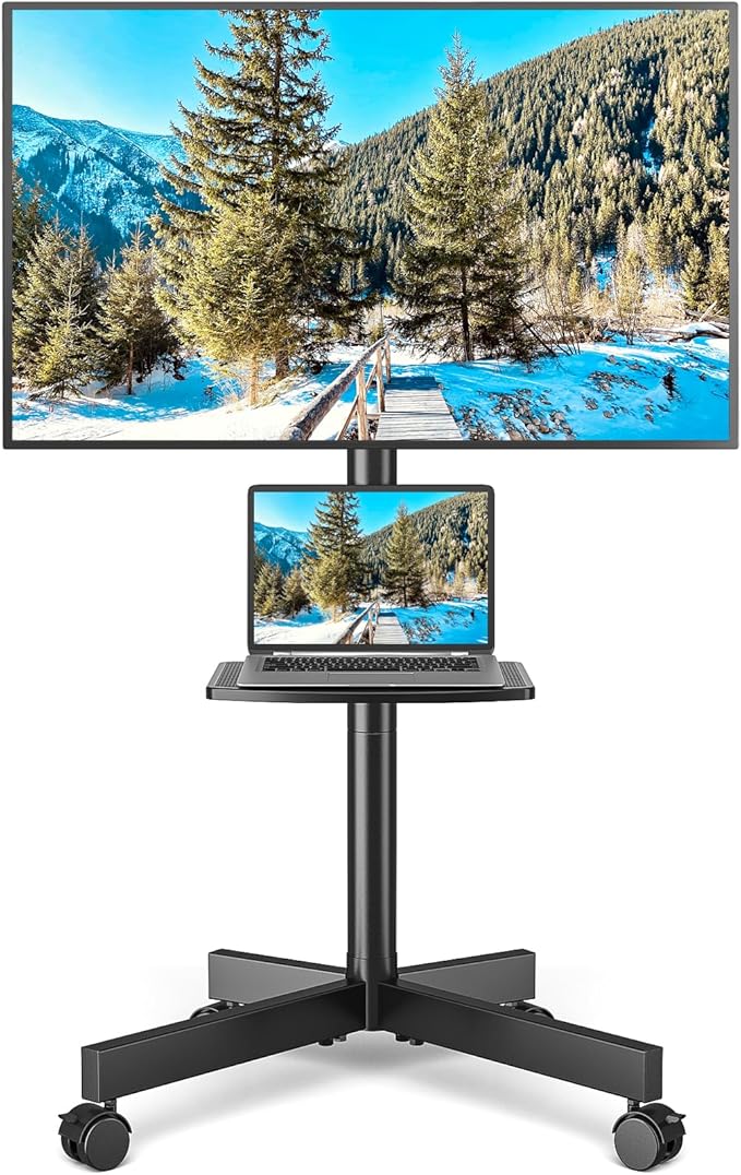 Rolling TV Stand with Shelf for 23-65 inch TVs up to 88lbs, Portable Mobile TV