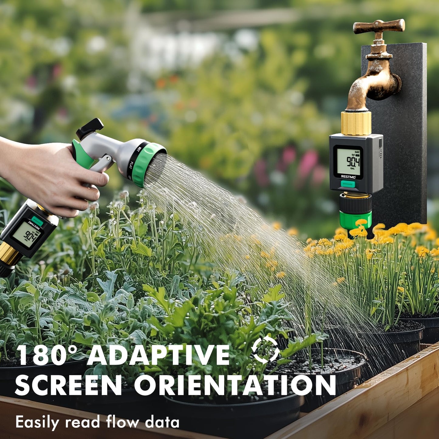 RESTMO Smart Water Flow Meter with Screen Backlight, Brass Inlet & Outlet, Measuring Gallon/Liter Consumption & Flow Rate for Garden Watering, RV Filling, Sprinklers & Nozzle - 2.4Ghz WiFi Connection