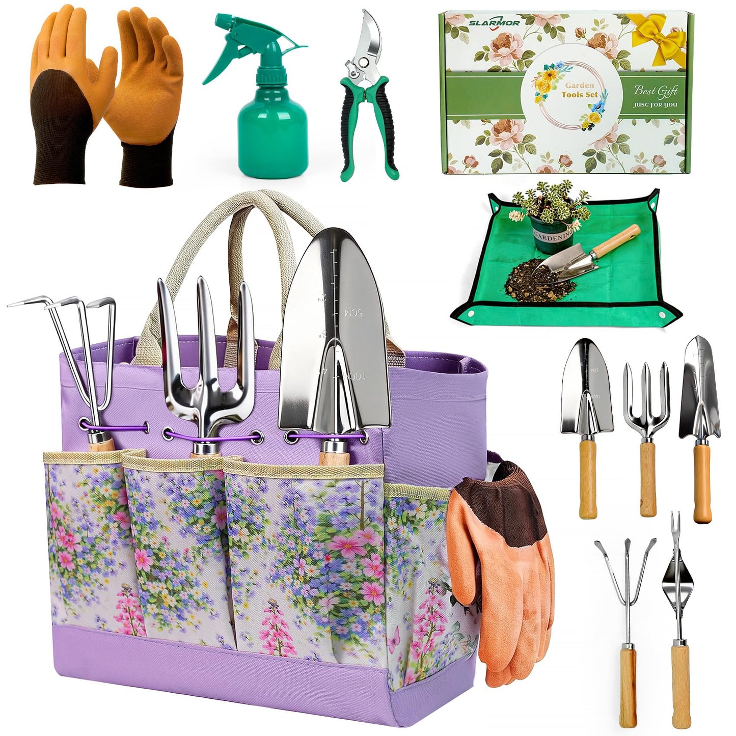 SLARMOR Garden Tool Set, 10 PCS Gardening Essentials, Stainless Steel Garden Hand Tools with Tote Bag, Well-Designed Gardening Supplies Kit Gifts for Women Men Gardeners