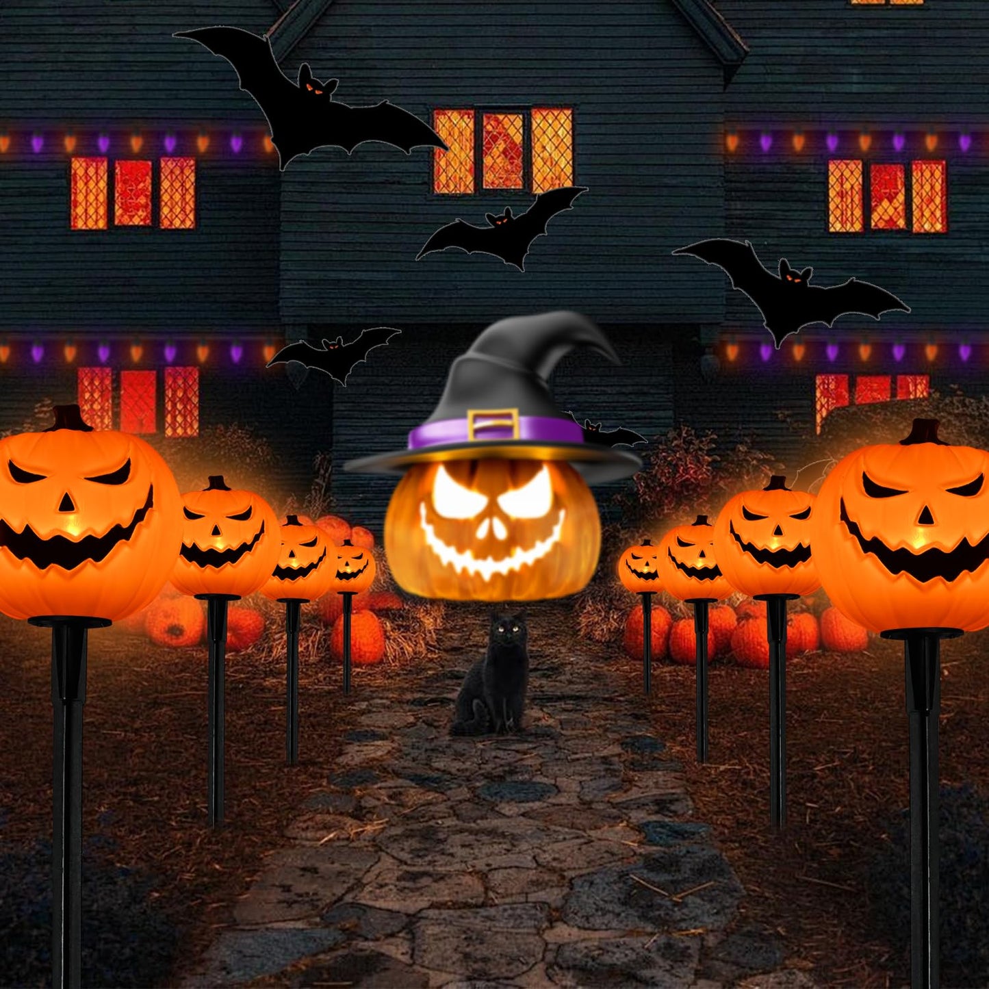 Halloween Decorations Outside - 7Ft LED Pumpkin Pathway Lights Plug in with 4 Pack LED Pumpkin Stake Lights Waterproof, for Halloween Outdoor Path Walkway Yard Lawn Landscape Decor, 0.6W