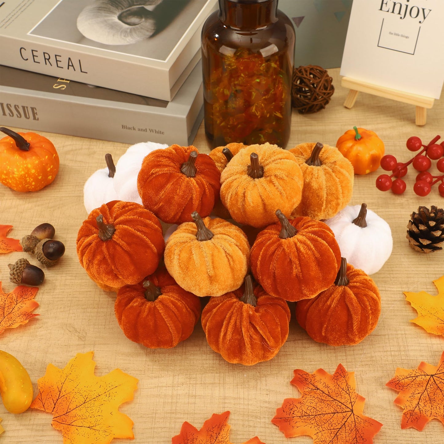 18 Pcs Fall Artificial Velvet Pumpkins Fake Fabric Pumpkin Faux Foam Pumpkins Orange Yellow White Artificial Pumpkin Decorations for Fall Harvest Thanksgiving Halloween Farmhouse Table Centerpiece