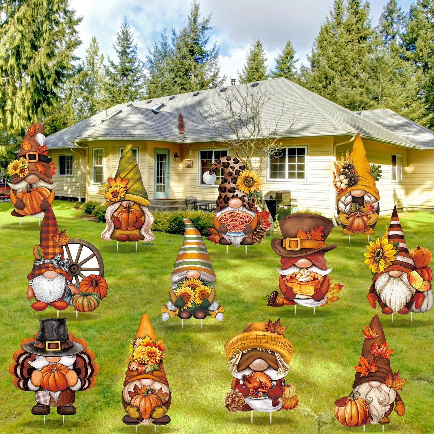 Sintuff 12 Pcs Fall Yard Sign Gnome Stakes Autumn Harvest Gnomes Yard Ornament Thanksgiving Garden Signs for Holiday Party Home Farmhouse Pathway Garden Lawn Outdoor Decoration(Gnome,13.78 Inches)