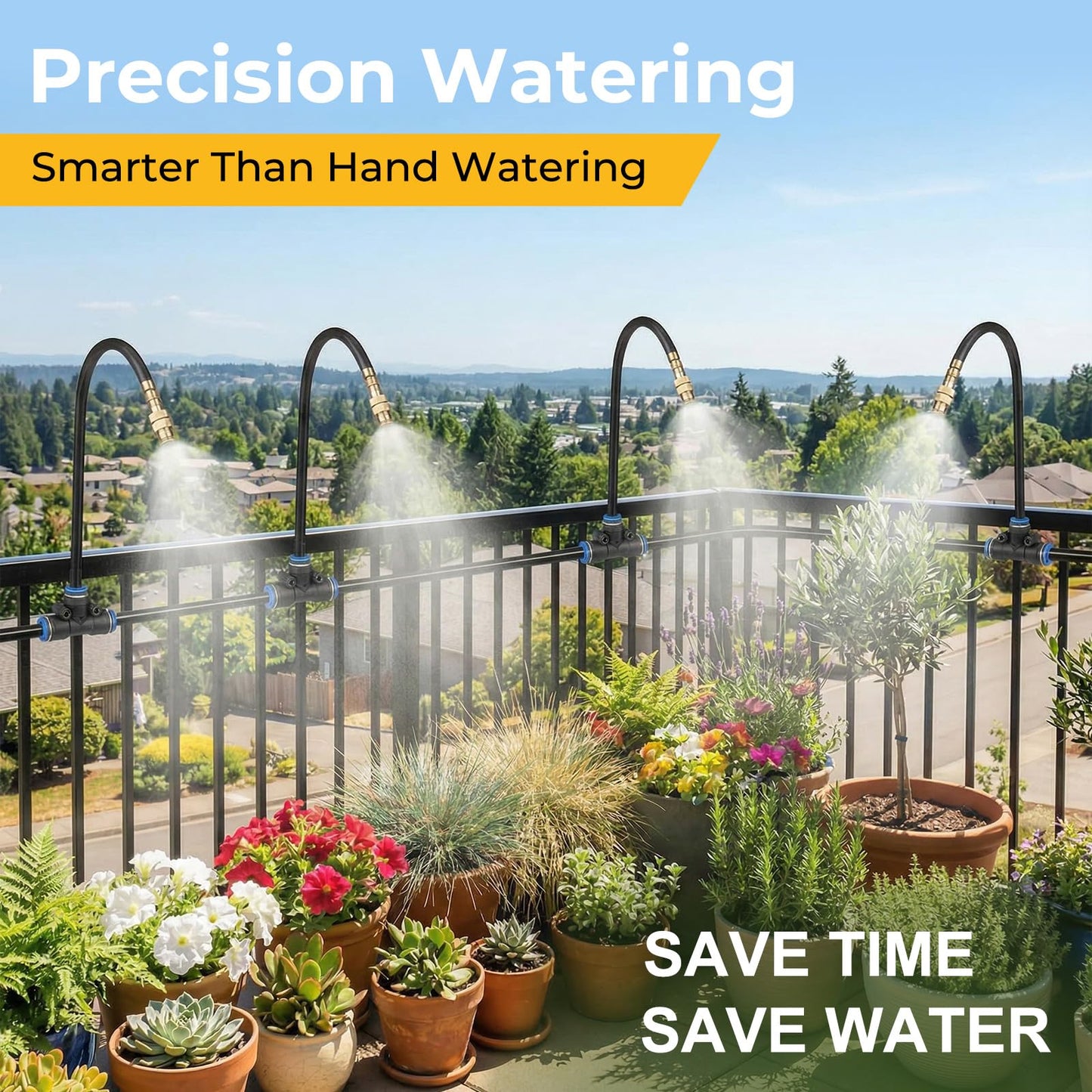 50FT Drip Irrigation Kit, 360° Adjustable Garden Watering System with 1/4" Tubing, Brass Misting Nozzles, DIY Irrigation System for Plants, Raised Beds, Greenhouse