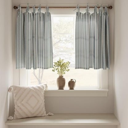 jinchan Tie Top Linen Kitchen Curtains 36 Inches Striped Tier Curtains Farmhouse Modern Cafe Style Small Window Treatments Airy Light Filtering Rod Pocket for Living Room Bathroom 2 Panels Blue
