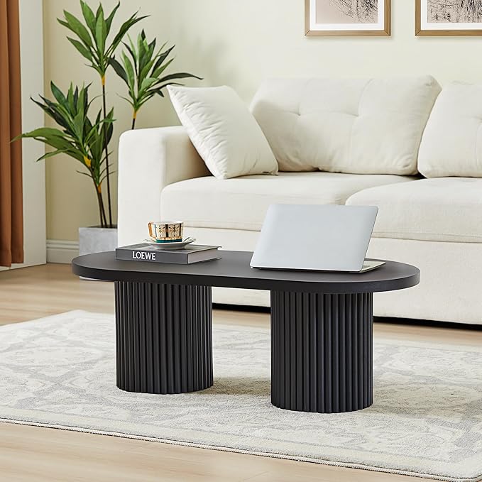 Small Fluted Coffee Table, Farmhouse Oval Wood Coffee Table Mid Century Modern