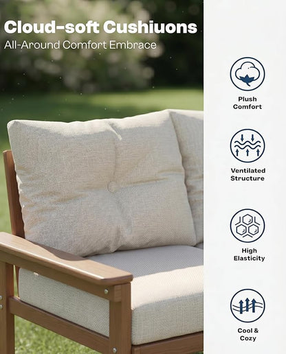 HDPE Outdoor Patio Furniture Set, 7-Piece Patio Conversation Sets with Coffee Table & Side Table & Beige Washable Thick Cushions, Outdoor Sofa for Balcony, Porch, Poolside (Teak Frame)