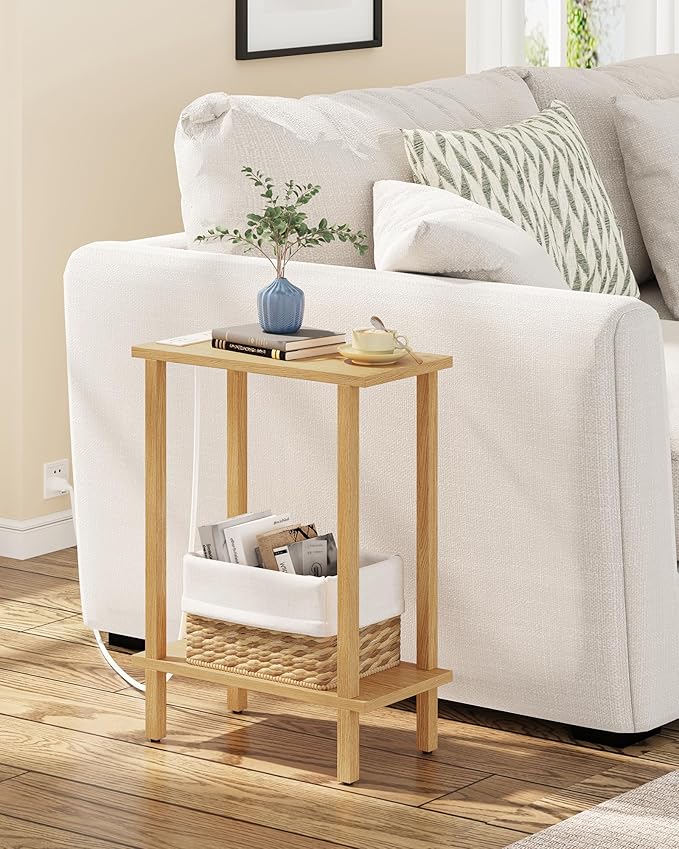 TUTOTAK Small End Table with Charging Station, Narrow Side Table with USB Ports