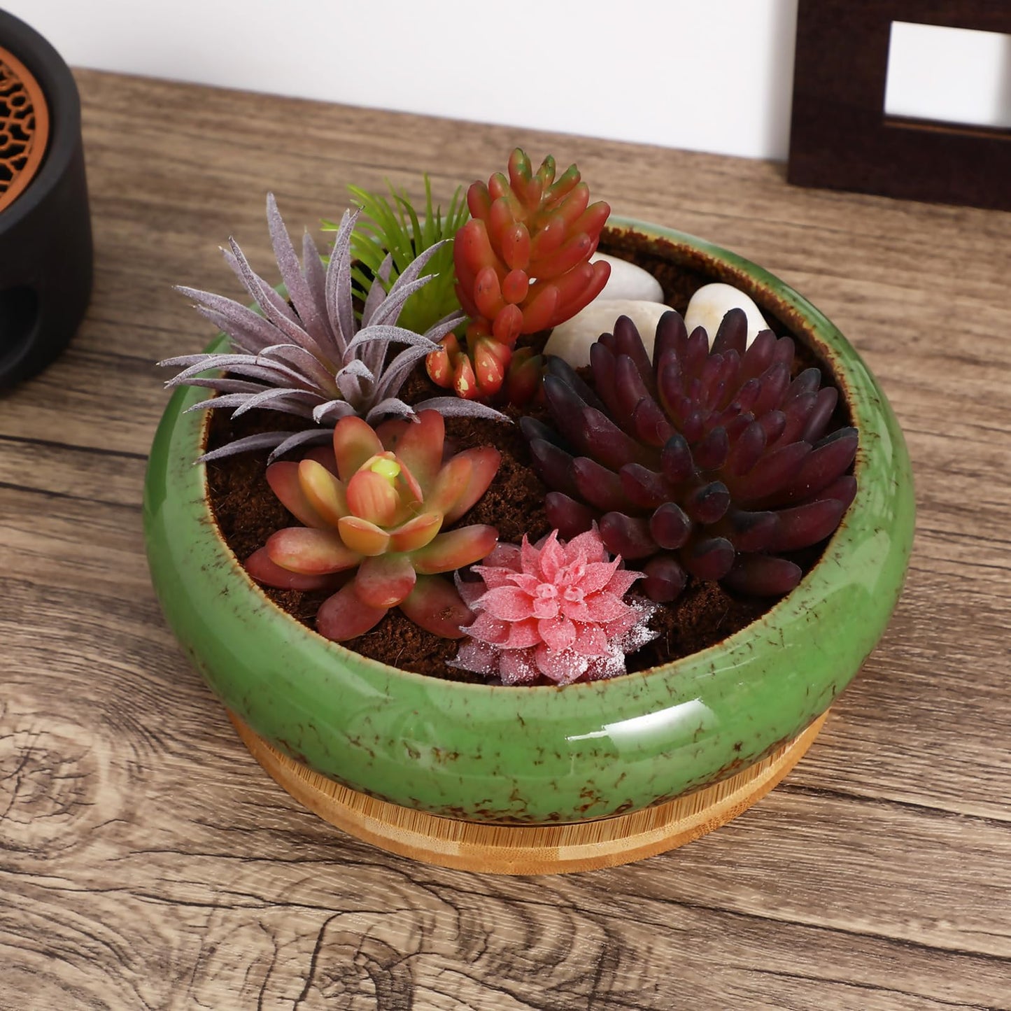 Kisangel Succulent Planters Ceramic Lotus Bowl 7.08 Inch with Drainage Hole and Tray Indoor Bonsai Pot for Cactus and Flower Plant Container Home Garden Decor
