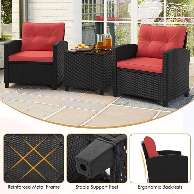 HAPPYGRILL 3 Pieces Wicker Patio Conversation Set, PE Rattan Bistro Sofa Set