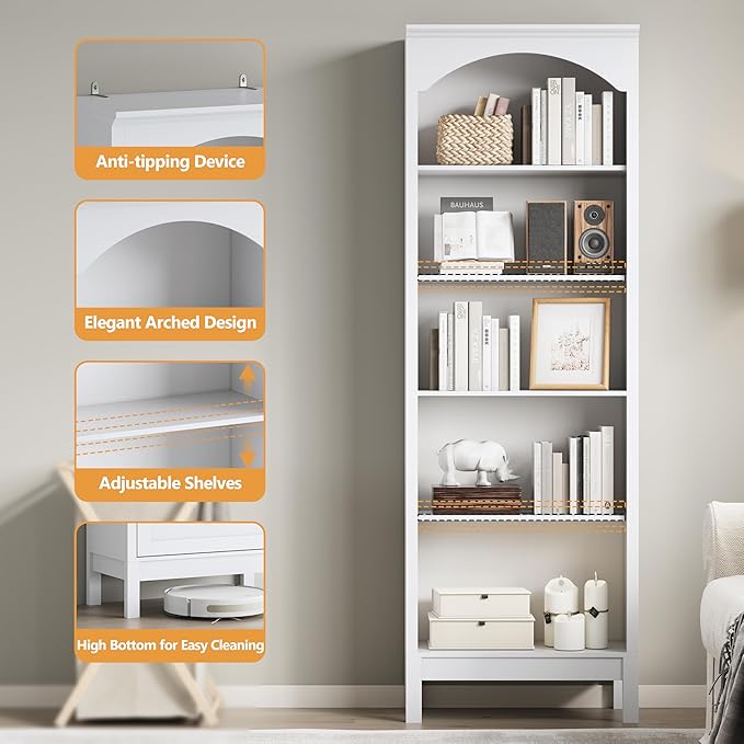 Arched Bookshelf with 5 Tier Open Shelves, Study and Living Room, Modern White