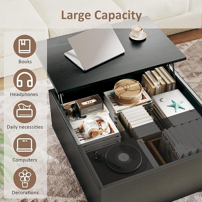 HUAHUU Lift Top Coffee Table, 31.5" Square Coffee Tables with Storage, Coffee Table with Large Hidden Compartment, Center Table with Lifting Tabletop, for Living Room, Black