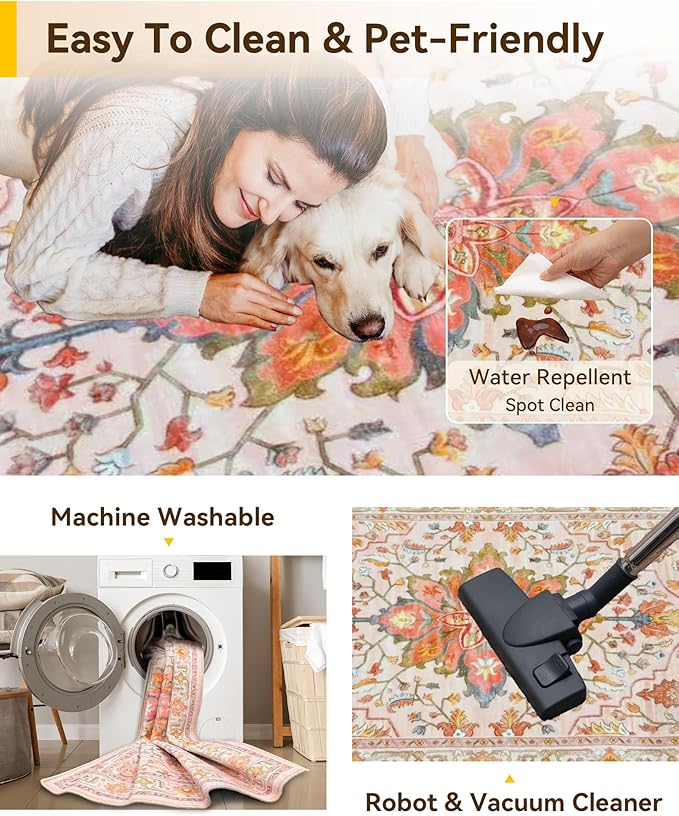 RELEANY Area Rugs 6'x9' Washable Non-Slip, Floral Vintage Distress Print