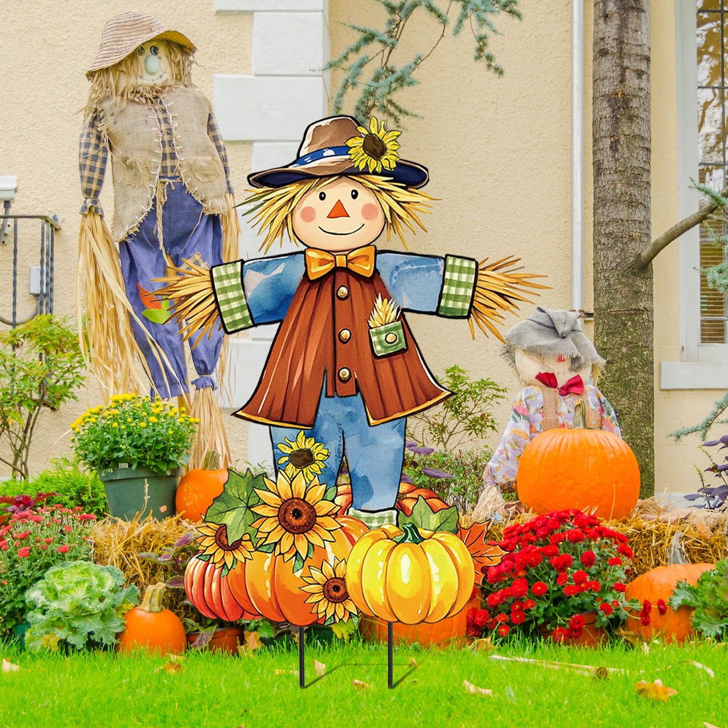 JarThenaAMCS 33" H Fall Scarecrow Metal Garden Stakes Rustic Pumpkin Pile Scarecrow Decorative Lawn Sign for Autumn Thanksgiving Home Outside Lawn Porch Decor