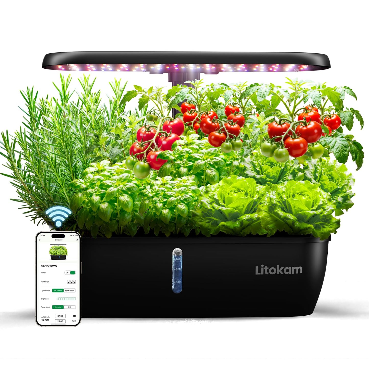 litokam Hydroponics Growing System Kit, 15 Pods Indoor Herb Garden with Smart APP & Quiet Pump, 24W LED Light, Auto Timer, Perfect Indoor Garden for Herbs, Vegetables & Flowers, Ideal for Plant Lovers