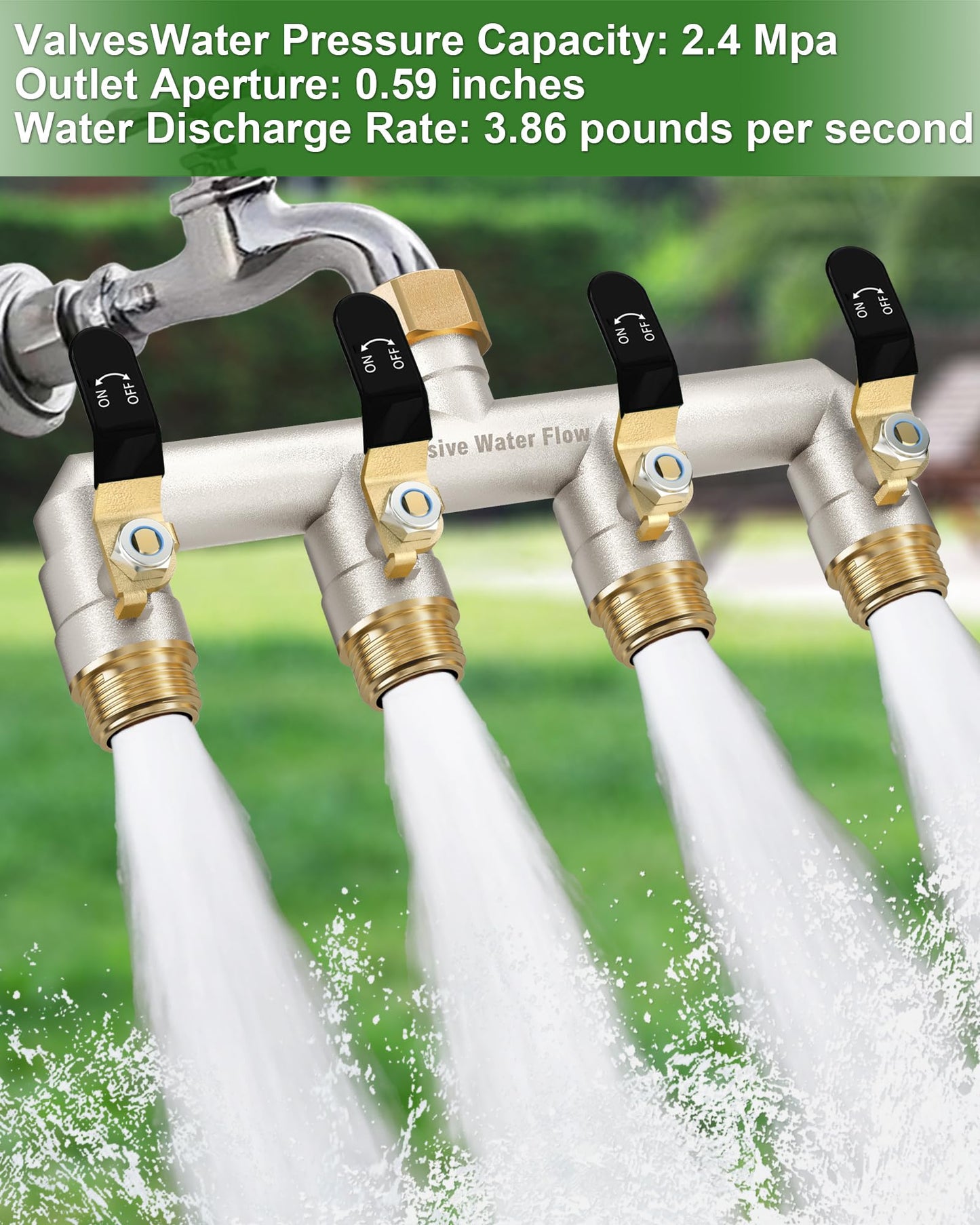 4 Way Hose Splitter Heavy Duty, Garden Hose Splitter with 4 Long Handle, Full Flow Brass Nickel Plated Water Hose T Spigot Splitter Adapter Connector, 3/4 - Inch GHT Thread (Black)