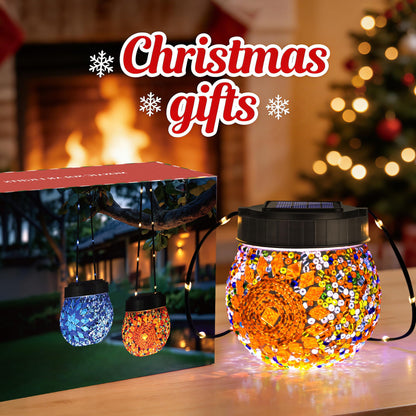 Mosaic Solar Lights Outdoor 6 Pack, Solar Hanging Lanterns Christmas Halloween Gifts for Women Mom Grandma, Waterproof Glass Globe Lights, Garden Patio Decor for Yard, Tree, Balcony, Warm