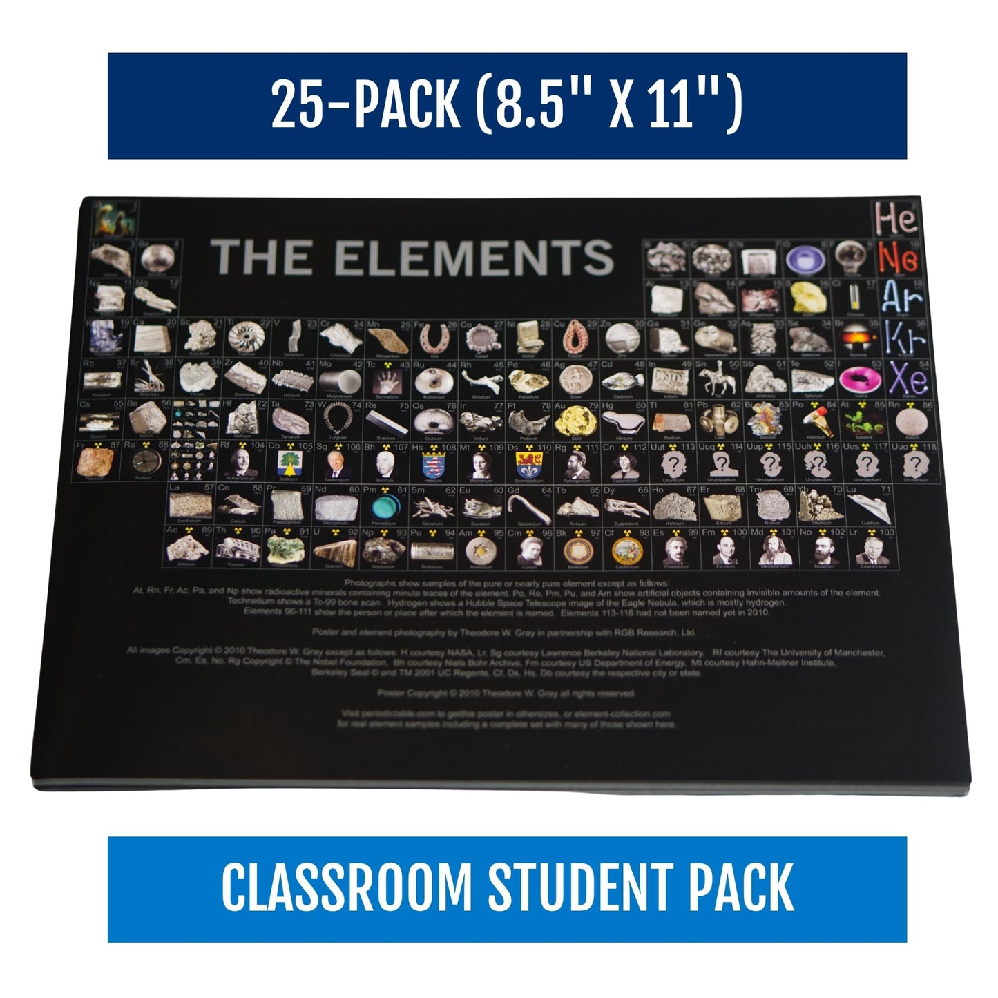 Theodore Gray 25-Pack Periodic Table of the Elements Photo Flyer Bundle (8.5x11 in.) - Laminated Chemistry Handout, Desk Chart for Student, Teacher - Science Classroom - Laboratory - High School Lab