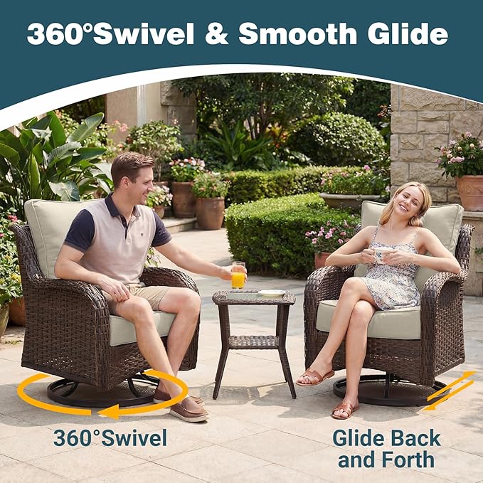 Patio Furniture Set, High Back Rattan Sofa & Swivel Rocker Chairs, Weather