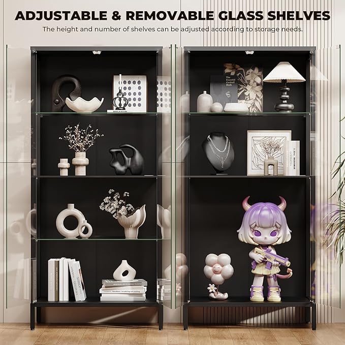 Display Cabinet with Glass Doors, 4-Tier Curio Cabinet with 3 Color Lights