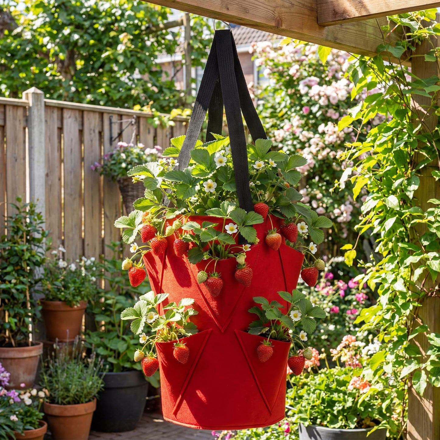 SATINIOR 10 Pack Upside Down Strawberry Planter Set Hanging Vegetables Grow Bags with 10 S Hooks, 3 Gallon Fabric Planting Bags for Easy Vertical Gardening(Red)