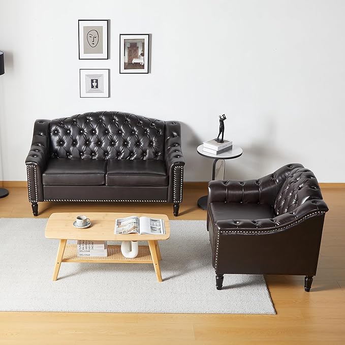 LEVNARY Chesterfield Chair Leather, Upholstered Sofa Chair
