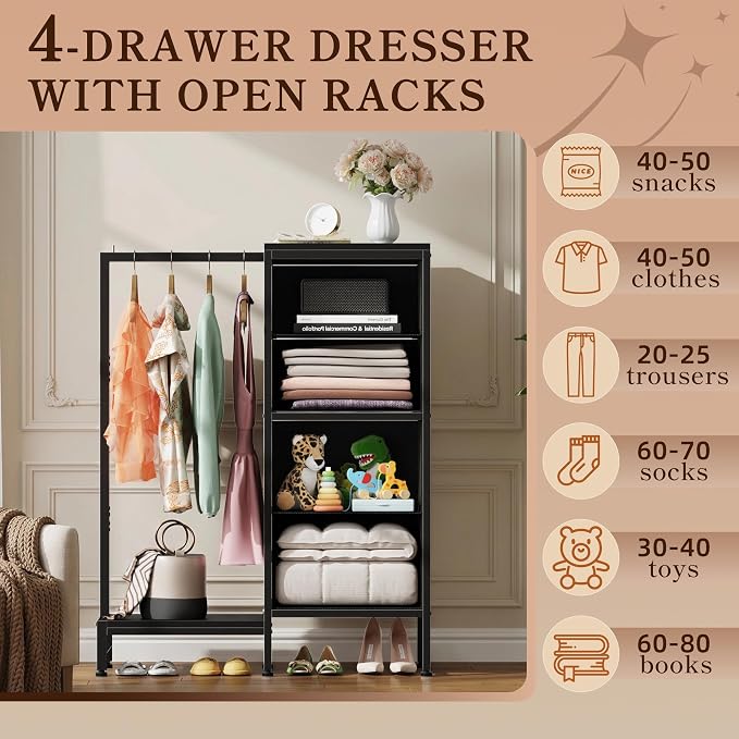 HIGDBFE Dresser with Hanging Rack, 4 Drawers Small Closet for Bedroom, Reversible Fabric Kids Chest of Drawers with Clothes Rack, Tall Storage Tower, Sturdy Frame, Black, 44''H