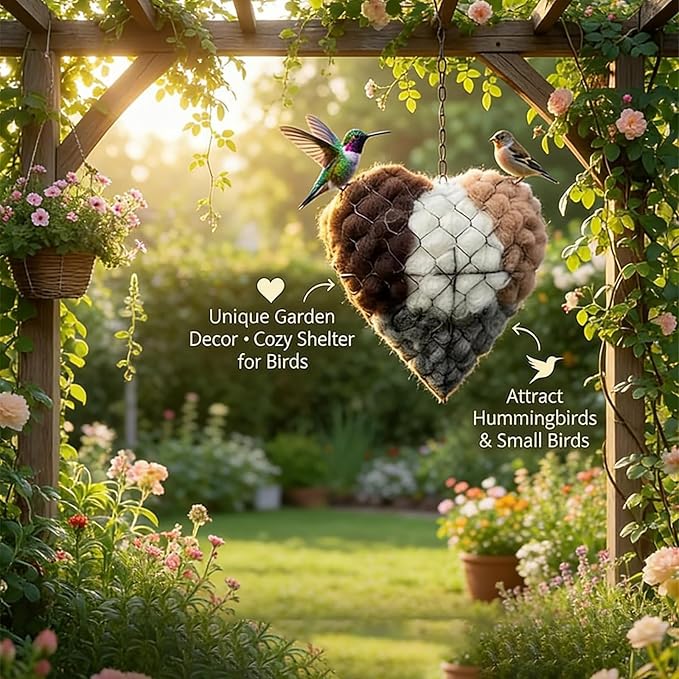 Bird Nesting Material Holder,Handmade Alpaca Fiber Bird Nesting Heart,Birds Nests Material Holder,Winter Fowl Gifts Animal Hummingbirds Lovers Home Garden Yard(1 Set) 111