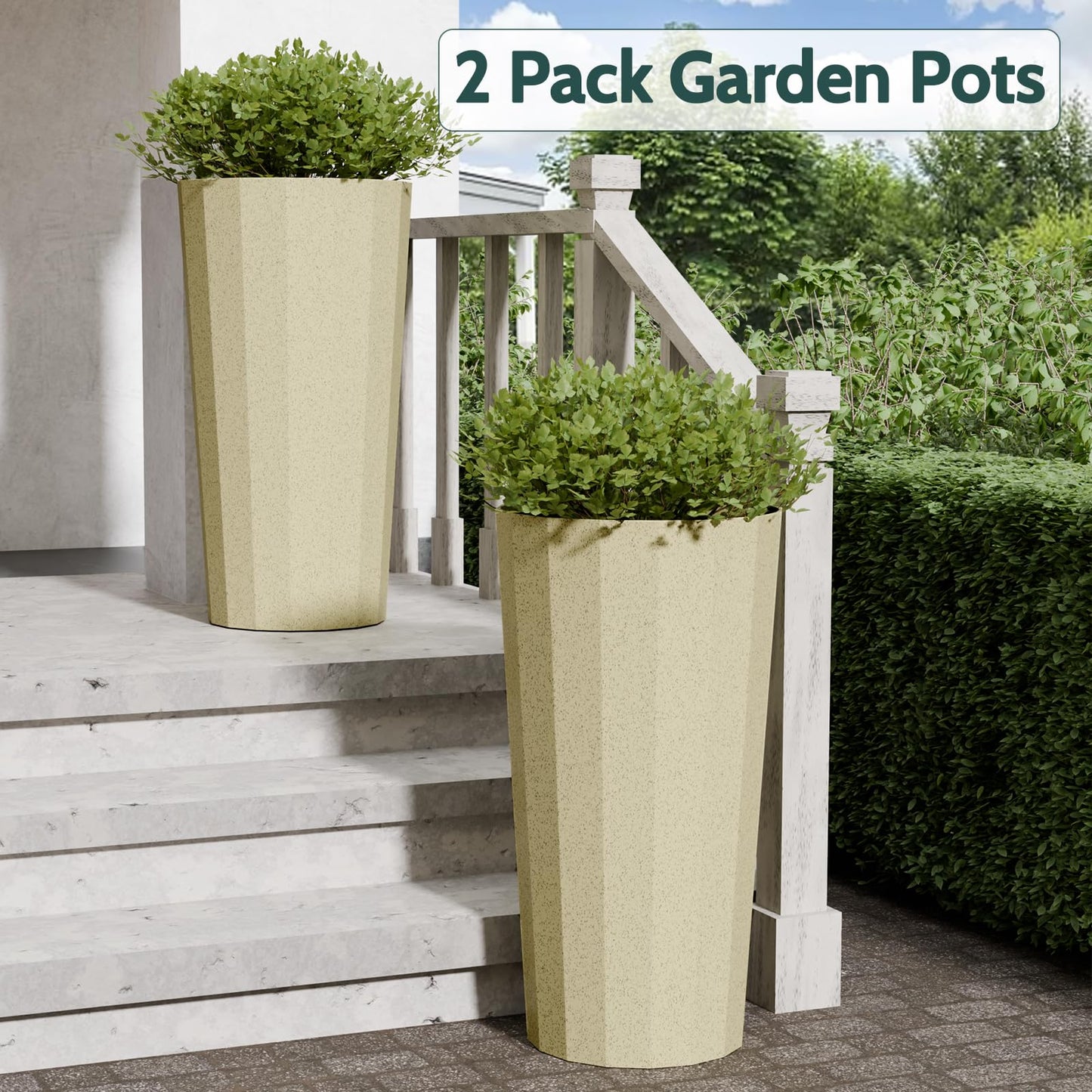 Diyfire 2PCS Tall Planters for Outdoor Plants, 23.6 Inches Large Outdoor Conical Flower Pots for Porch with Drainage Holes and Drainage Baffle, Tapered Large Planters for Garden, Balcony Use, Beige