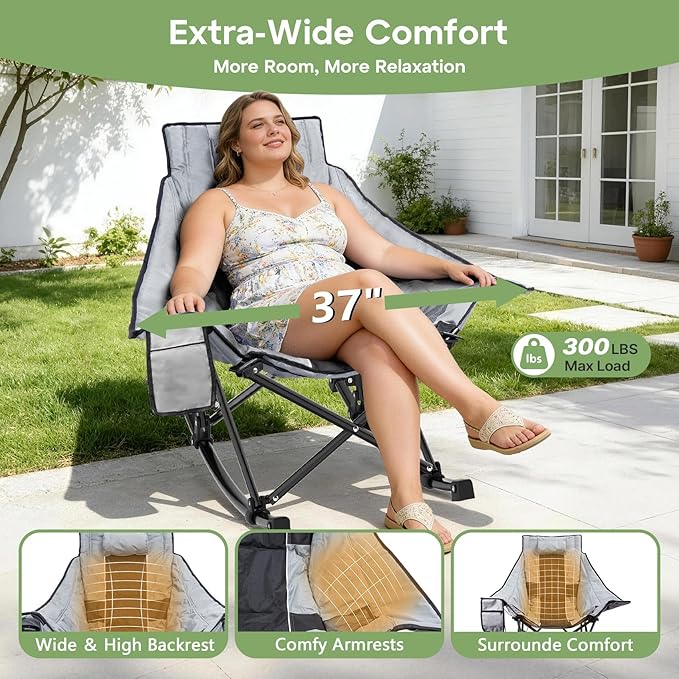 Suteck Oversized Rocking Camping Chair, Thick Padded Folding Rocking Chair